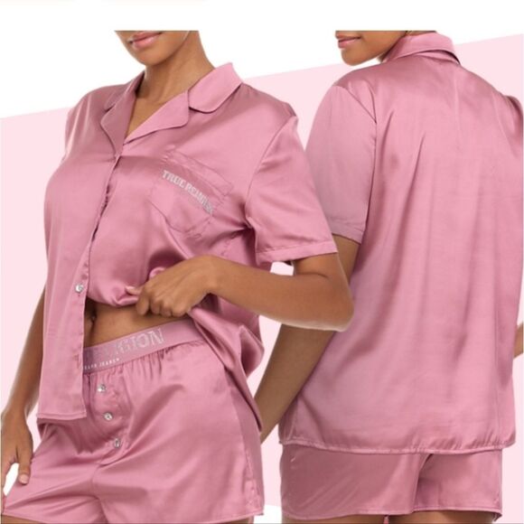 True Religion Rhinestone Logo Stretch Satin Pajama Set - Picture 2 of 10